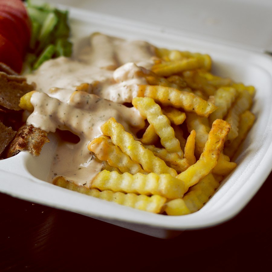 Large Donner with Chips Market Deeping, large tray of donner meat and chips from Eastern Promise